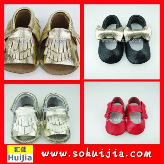 Alibaba China Wholesale beautiful color tassels and bow cow leather moccasins baby sandals