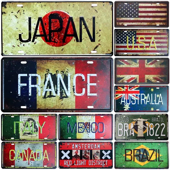National Flag Metal Tin Sign Japan America Italy France Featured Metal Plaque License Plate Number Bar Pub Cafe Home Decoration