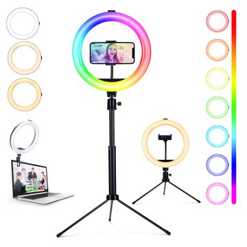 18\" Professional Ring Light Kit with Adjustable Stand and Phone Holder: 38 Color Modes, Stepless Dimming, and tripod Stand for High-Quality Selfies and Photography