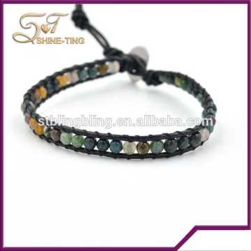 New fashion handmade wrapped leather bracelet with 4mm India agate Beads