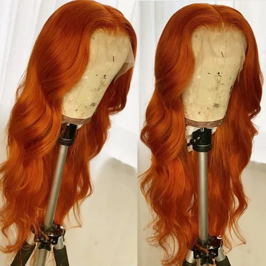 Density orange-red 100% real human hair T-part lace front wig suitable for women 150% real hair lace front wig body wavy orange
