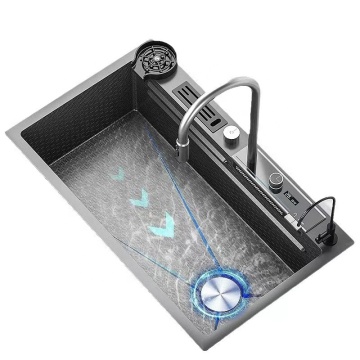 Smart, Stainless Steel Nano-Step Dark Grey Kitchen Sink with Temperature Display and Piano Key Waterfall Design - Electricity-Free