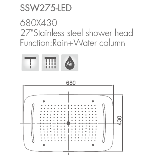 Stainless Steel Ceiling Mount Shower Head With LED/ Rain+Wtaer Column Function