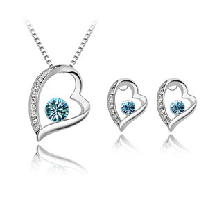 Authentic Austrian ocean blue crystal gold plated permanent love necklace earrings jewelry set