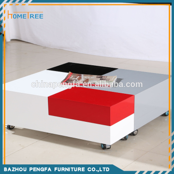 Colorful Detachable High Gloss Wooden Coffee Table With Wheels