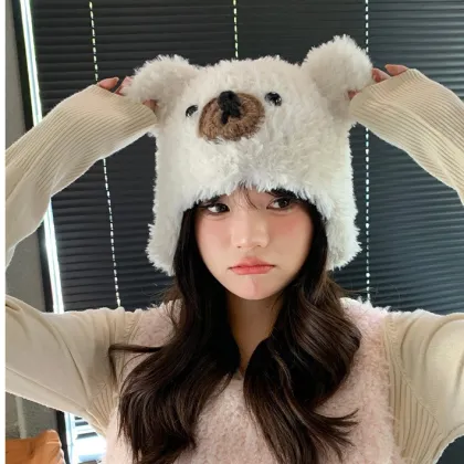 Korean Cute Bear Ear Warm Woolen Hats for Autumn and Winter