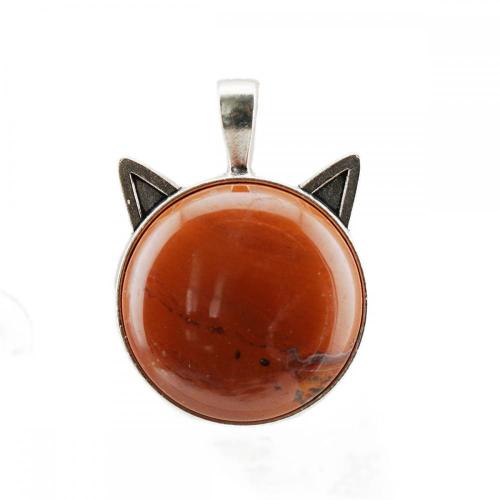 Gemstone Cat Round Stone Pendant Natural Stone Crystal Animal Cat Silver Plated Charm Pendant for DIY Jewelry Making New Arrival