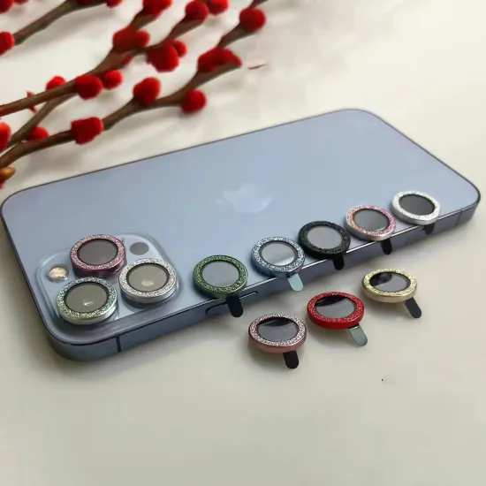Bling Tempered Glass Camera Cover Protector with Metal Ring for iPhone 15/14 Plus