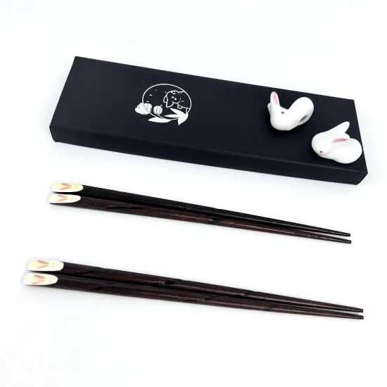 Classic Black Wooden Chopsticks Gift Set with Rabbit Print and Ceramic Holders