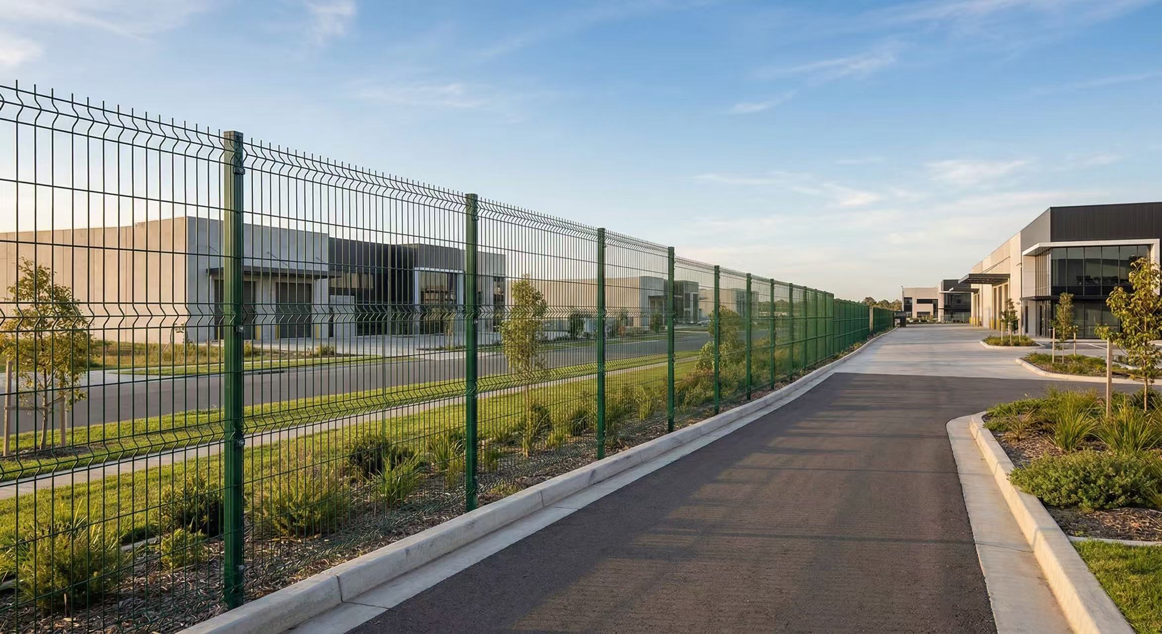 3D welded wire mesh fence installation at industrial park perimeter