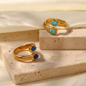 Waterproof Gold Plated Stainless Steel Snake Ring with Lapis Lazuli and Turquoise for Wedding Engagement Party