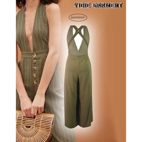 Sexy Deep V Ladies Backless Striped Jumpsuit