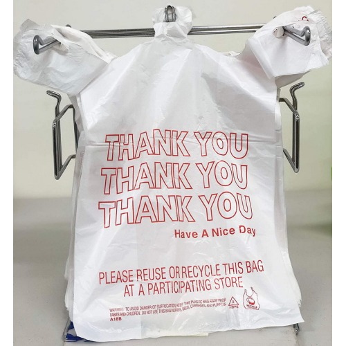 White Thank You T-Shirt Shipping Grocery Store Packaging Large Plastic Bag with Handles