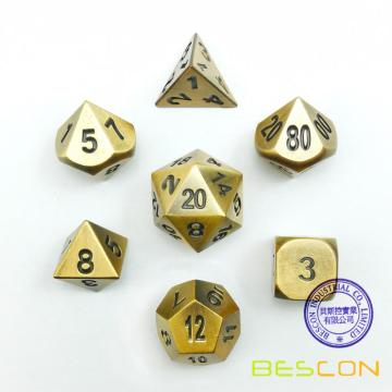 Bescon Brass Solid Metal Polyhedral D&D Dice Set of 7 Copper Metal RPG Role Playing Game Dice 7pcs Set