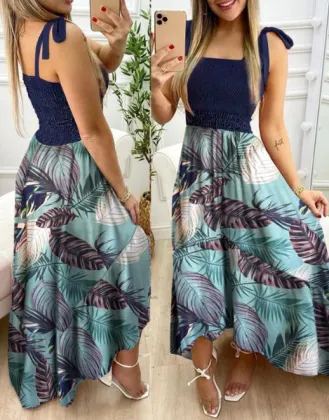 Women Sling patchwork printing irregular wrap dress