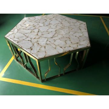 table en pierre semi-précieuse en agate blanche hexagone