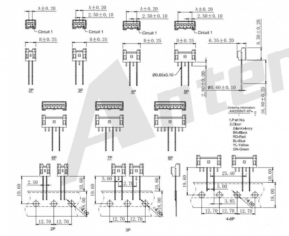 2,50mm sân 180 ° trên các đầu nối băng radial