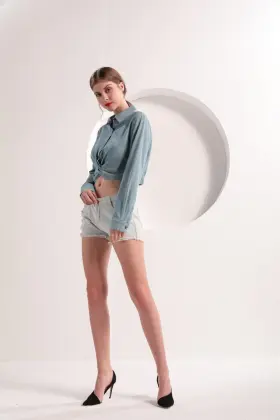 Women's Light Blue Denim Crop Shirt