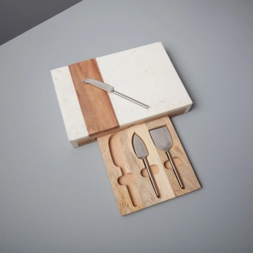 Marble and Wood Cheese Set with Acacia Wood Drawer