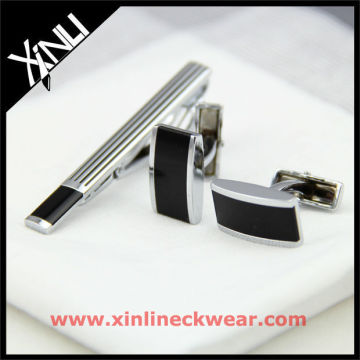 Silver Black Men Tie Bar Cufflink, Cuff Link and Tie Clip Sets