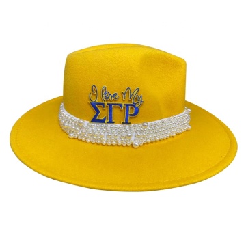 Wholesale Fashion Hats: Autumn Winter Gold Sigma Gamma Rho Woolen Fedora Hats with Pearls