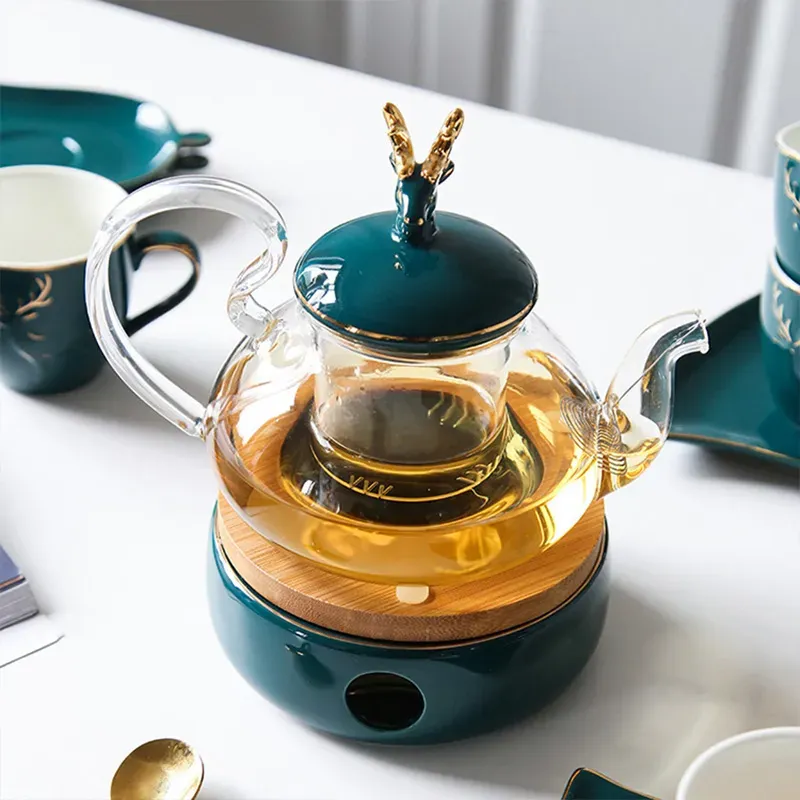 Luxury Nordic Tea Set with Elk Candle and Heated Glass Pot