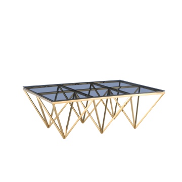 Mesa de centro dorada geométrica con vidrio gris
