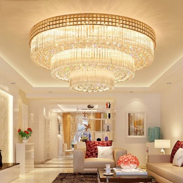 European Modern Luxury LED Gold Round Crystal Ceiling Lamp - Rectangular Three-layer Light