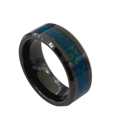 Black Tungsten Ring with Galaxy Opal Green Opal - Men's Wedding Band