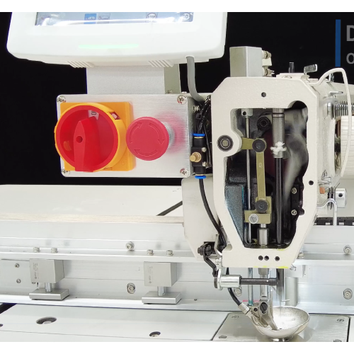 Efficient in-line template sewing machine