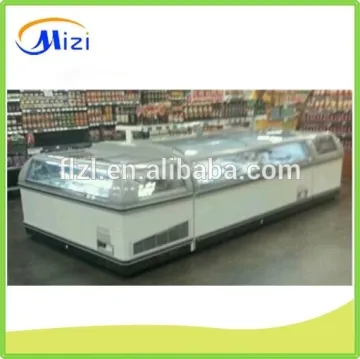 Island freezer meat storage in the supermarket glass chest freezer