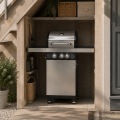 Parrilla de barbacoa de gas propano líquido estándar de 3 quemadores con gabinete de una sola puerta de acero inoxidable y estantes laterales