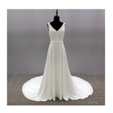 Customized simple style satin embroidery beaded long train white bridal gowns wedding dress