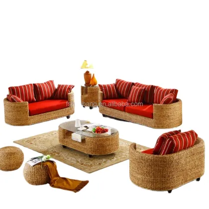 Hand Woven Seagrass Natural Rattan Wicker Living Room Furniture Sectional Sofa Set