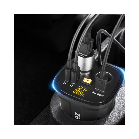 Wholesales Led Voltmeter Temperature Car Cup Holder Phone Charger 3 USB Power Socket Car Cigarette Lighter Plug Usb C Charger