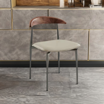 Nordic Design Modern Leather Dining Chair with Walnut Backrest and Luxury Metal Frame - Factory Direct