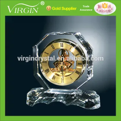 Wholesale customized design blank clear crystal golden skeleton clock for office desktop table clock