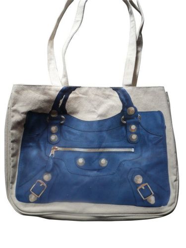 Dark Blue Jean Fabric Shopping Bag, Printed Canvas Shopper Bags With Metal Link Closure