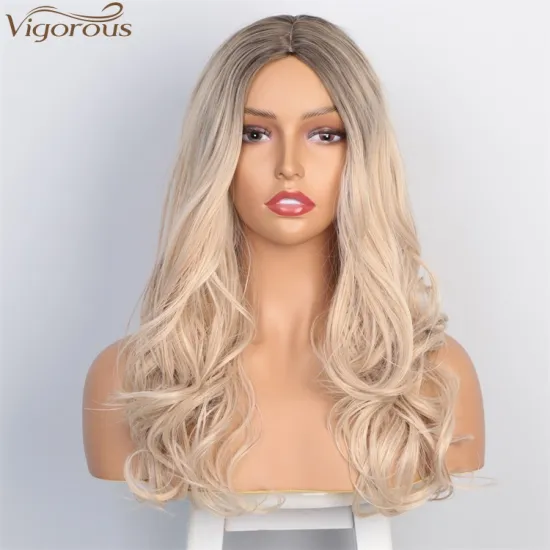 Vigorous High Temperature Wholesale Price Long Ombre Black To Blonde Wavy Wigs Middle Part Synthetic Wigs For Black Women