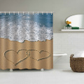 Sea Beach with Two Love Hearts Waterproof Shower Curtain Ocean Romantic Bathroom Decor