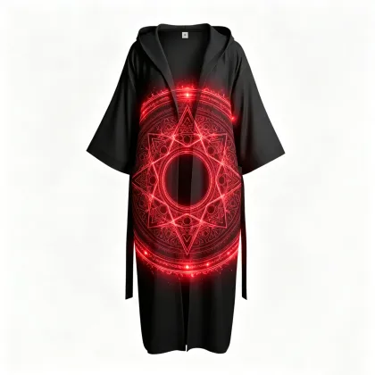 Occult Red Pentagram Sigil Black Hooded Robe Gothic Ritual Magic Circle Cloak