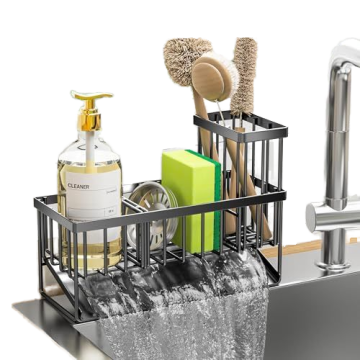 Custom Design Single-Tier Metal Steel Kitchen Sink Caddy with Sponge Holder and Drain