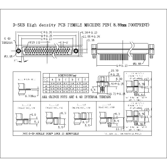 MHDP01-FXXXX D-SUB High density PCB FEMALE MACHINE PIN( 8.89mm FOOTPRINT)
