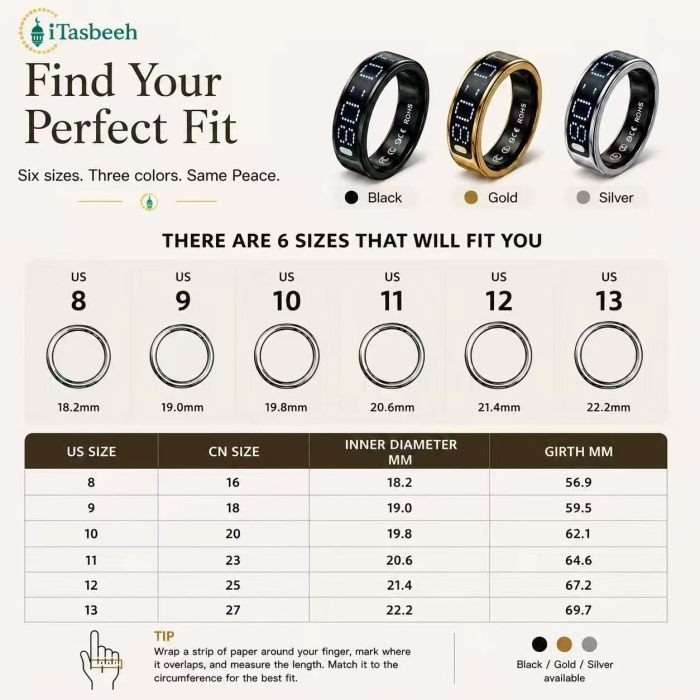 Anillo Tasbeeh inteligente SQ666, anillo contador Zikr electrónico con recordatorio de vibración, brújula Qibla, monitor de salud del sueño y frecuencia cardíaca,