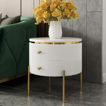 Round Marble Top Solid Wood Nightstand Cabinet
