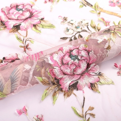 Printed Birds Flowers Embroidery Tulle Lace Fabric China Manufacturer