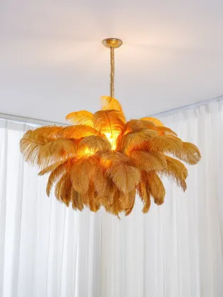 Indoor Nordic Brass Feather Chandelier - Golden Ostrich Feather Lamp