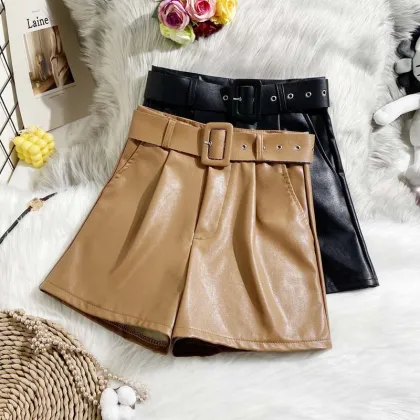 2021 New Pu Leather Shorts Women Summer Shorts All-Match Sashes Wide Leg Short Ladies Sexy Leather Shorts
