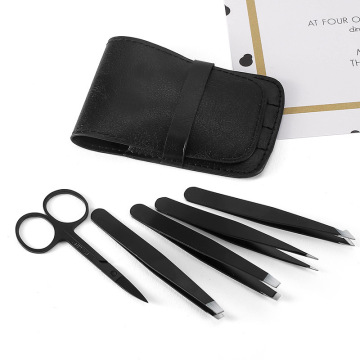 Stainless Steel Black Tweezers Set - Eyebrow Scissors & Pruning Kit