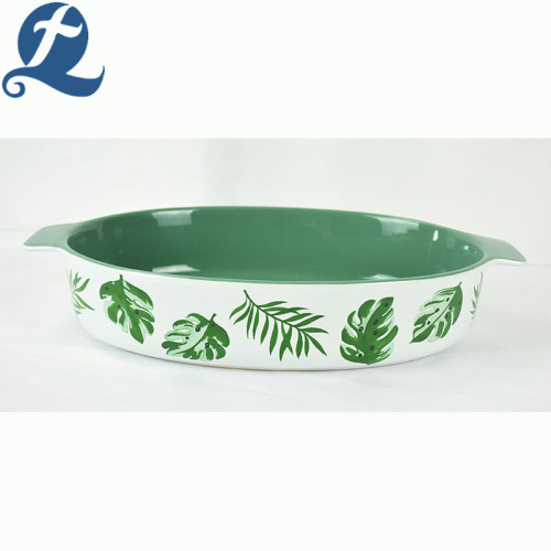 Fashion popular printed ceramic oval binaural baking tray